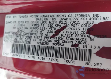 2009 Toyota Tacoma from USA, damaged, VIN 5TETX22N69Z666256
